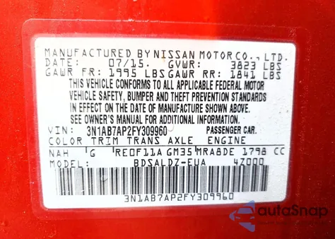 2015 Nissan Sentra S z USA, uszkodzony, nr VIN 3N1AB7AP2FY309960